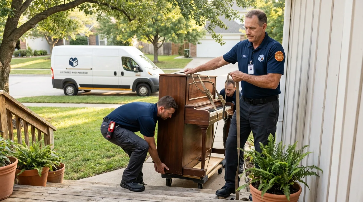 Licensed piano movers securing grand piano in Monessen, PA